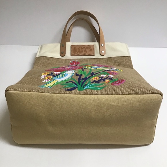 Brighton Lovebirds Floral Jute Canvas w/Leather Handles Tote Bag NEW - Picture 11 of 16